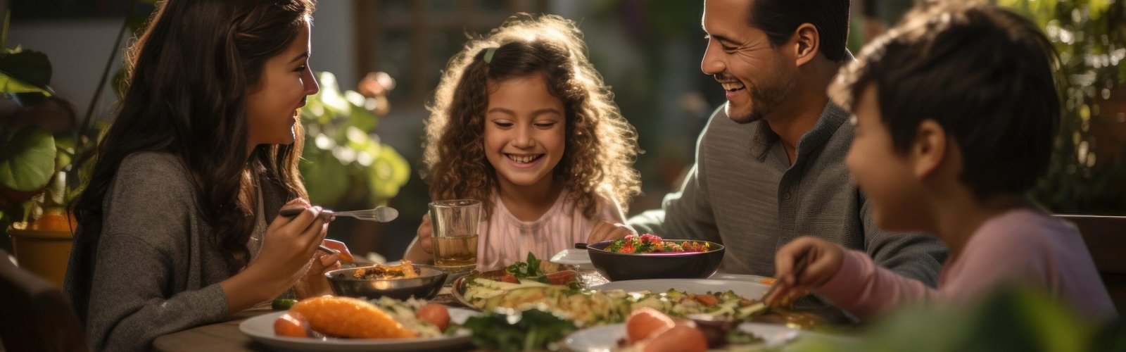 Family gathered around a table, smiling.